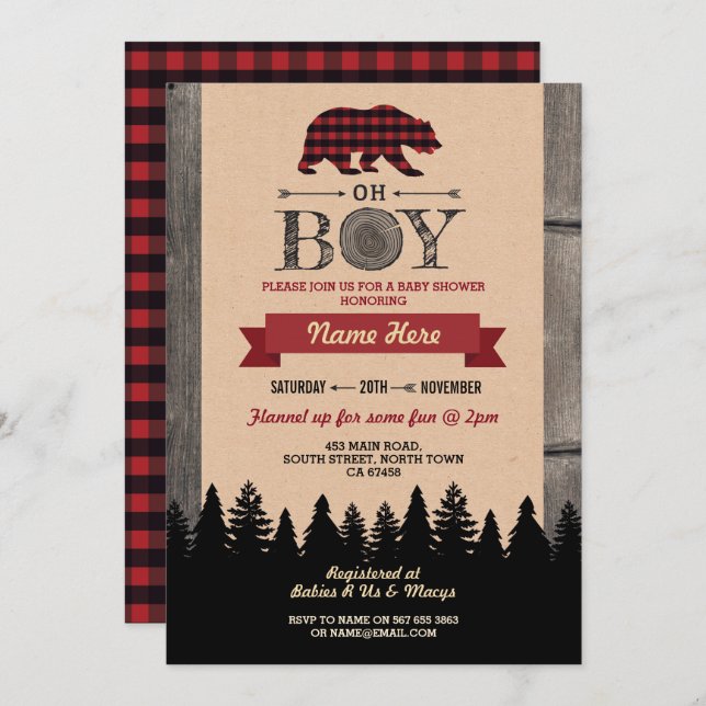Oh Boy Lumberjack Baby Dusche Red Bear Einladung (Vorne/Hinten)