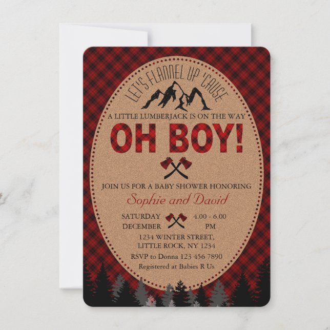 Oh Boy Lumberjack Red Buffalo Baby Dusche einladen Einladung (Vorderseite)