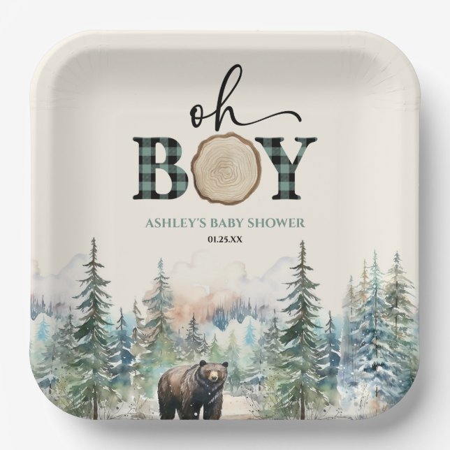 Oh Boy Lumberjack Wald Bear Baby Dusche Pappteller (Vorderseite)