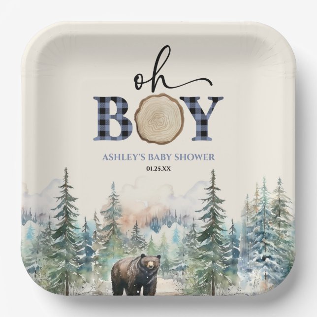 Oh Boy Lumberjack Wald Bear Baby Dusche Pappteller (Vorderseite)