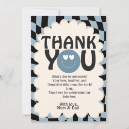 Oh Boy! Modern Groovy Blue Happy Face Baby Shower Dankeskarte