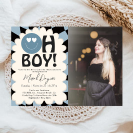 Oh Boy! Modern Groovy Blue Happy Face Baby Shower Einladung
