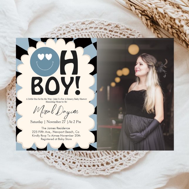 Oh Boy! Modern Groovy Blue Happy Face Baby Shower Einladung (Von Creator hochgeladen)