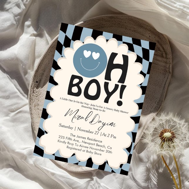 Oh Boy! Modern Groovy Blue Happy Face Baby Shower Einladung (Von Creator hochgeladen)
