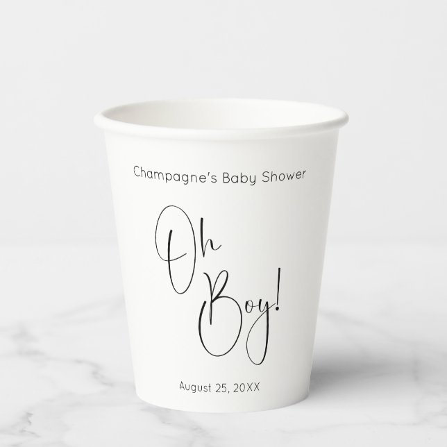 Oh Boy Modern Script Baby Dusche Pappbecher (Vorderseite)