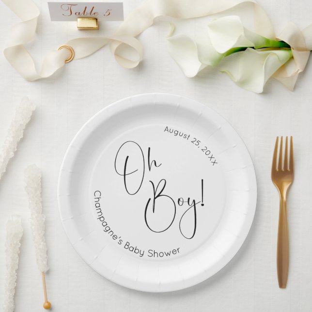 Oh Boy Modern Script Baby Dusche Pappteller (Hochzeit)
