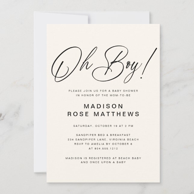 Oh Boy Modern Script Dusty Blue Baby Shower  Invit Einladung (Vorderseite)