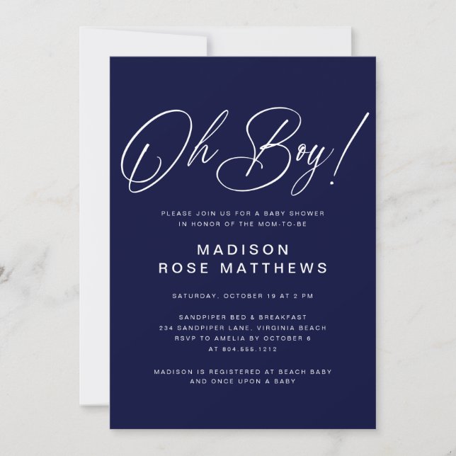 Oh Boy Modern Script Navy Blau Baby Shower  Einladung (Vorderseite)