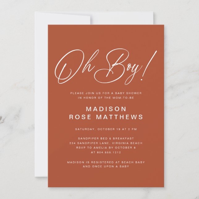 Oh Boy Modern Script Rost   Baby Shower   Einladung (Vorderseite)