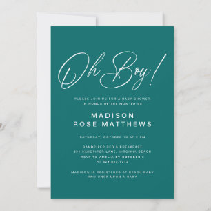 Oh Boy Modern Script Türkis  Baby Shower   Einladung