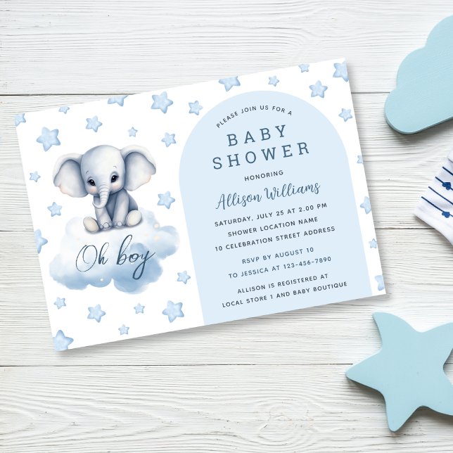 Oh Boy | Moderne Blue Elephant Boy Baby Dusche Einladung (Von Creator hochgeladen)