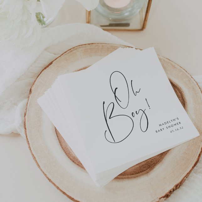 "Oh Boy" Moderne Minimalistische Script Baby Dusch Serviette (Von Creator hochgeladen)