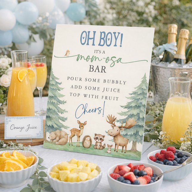 Oh Boy Mom-osa Bar Forest Animal Baby Shower Sockelschild (Oh Boy Mom-osa Bar Forest Animal Baby Shower Pedestal Sign)