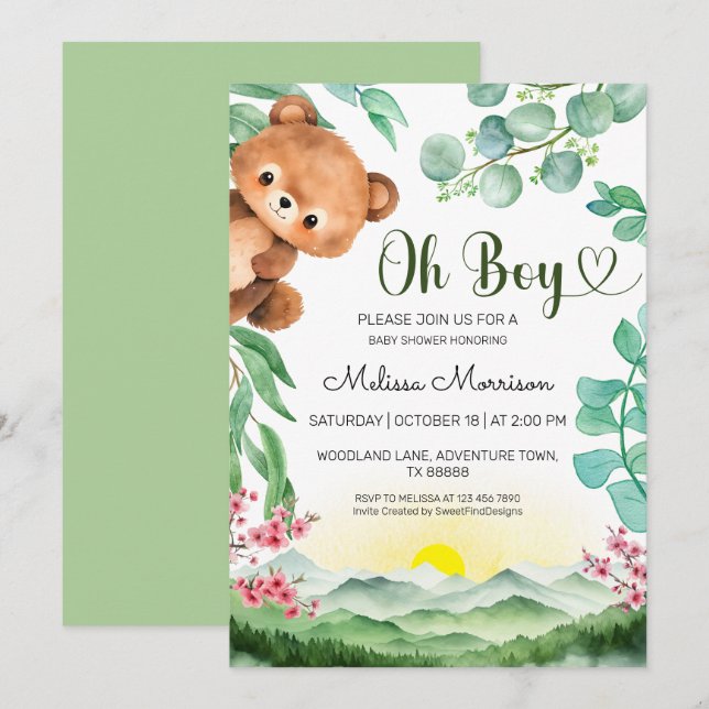 Oh Boy Mountain Bear Baby Boy Dusche Einladung (Vorne/Hinten)