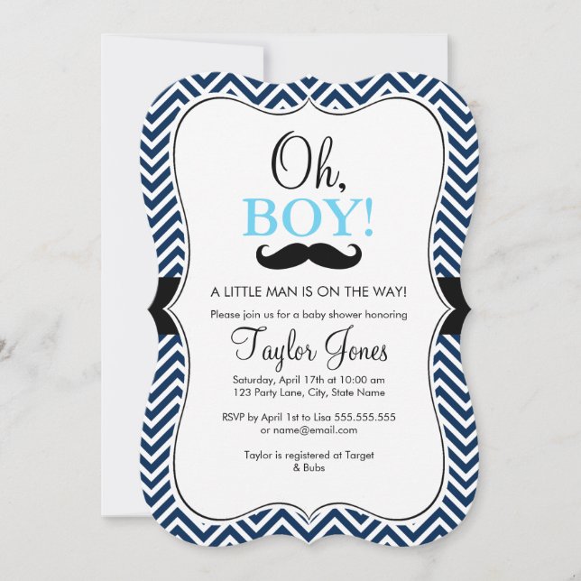 Oh Boy Mustache Baby Dusche einladen / Blue & Navy Einladung (Vorderseite)