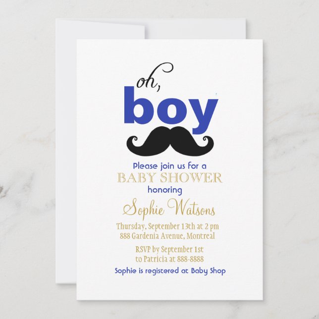 Oh Boy Mustache Baby Shower Einladung (Vorderseite)