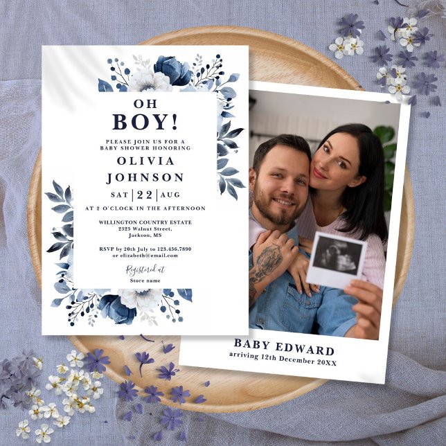 Oh Boy Navy Blue Floral Foto Baby Dusche Einladung (Oh Boy Navy Blue Floral Photo Baby Shower Invitation)