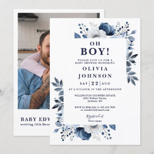 Oh Boy Navy Blue Floral Foto QR Baby Dusche Einladung