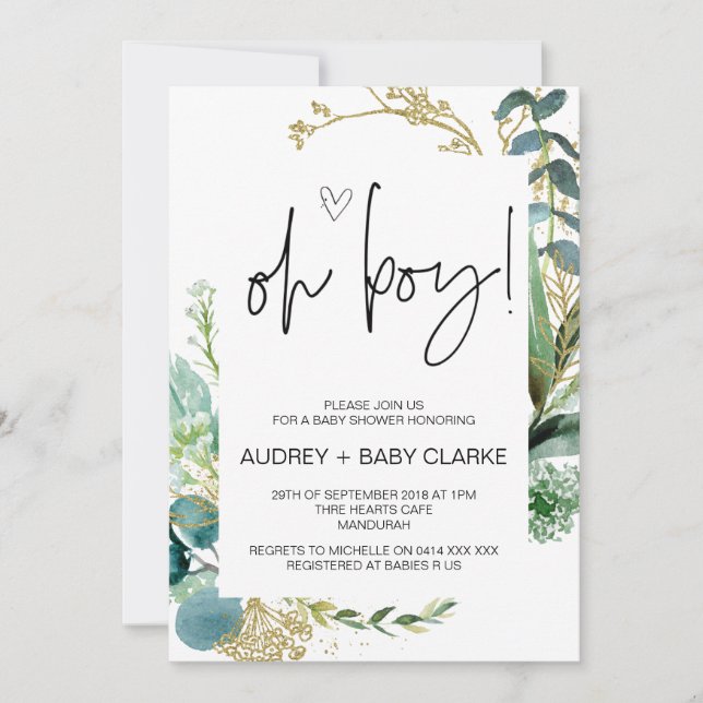 Oh Boy Niedlich Baby Dusche Party Green Eucalyptus Einladung (Vorderseite)