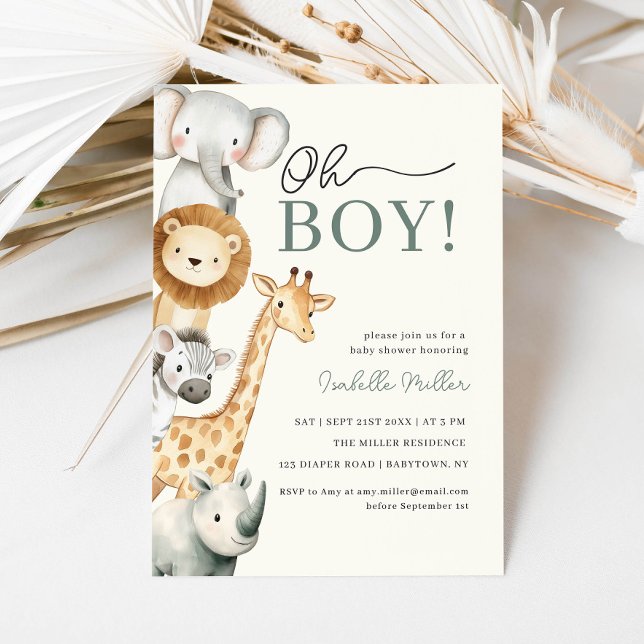 Oh Boy Niedlich Safari Animal Greenery Boy Baby Sh Einladung (Oh Boy Cute Safari Animal Greenery Boy Baby Shower Invitation)
