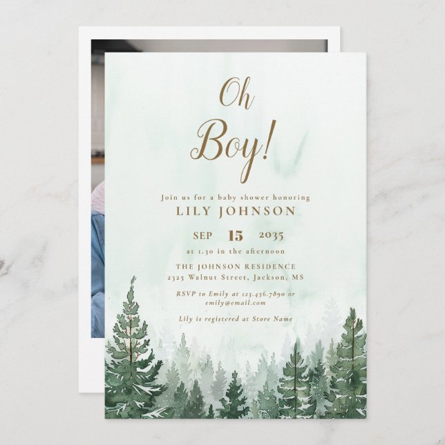 Oh Boy Pine Tree Forest Baby Shower Foto Einladung (Vorne/Hinten)