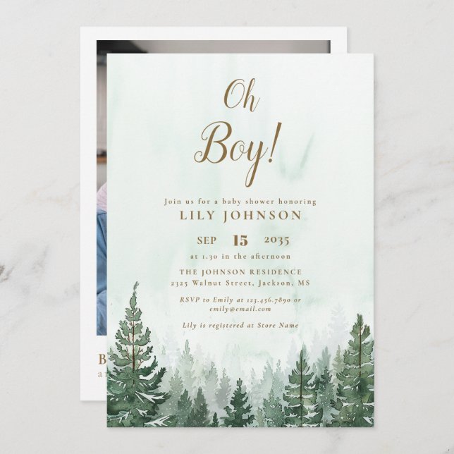 Oh Boy Pine Tree Forest Baby Shower Foto QR Code Einladung (Vorne/Hinten)
