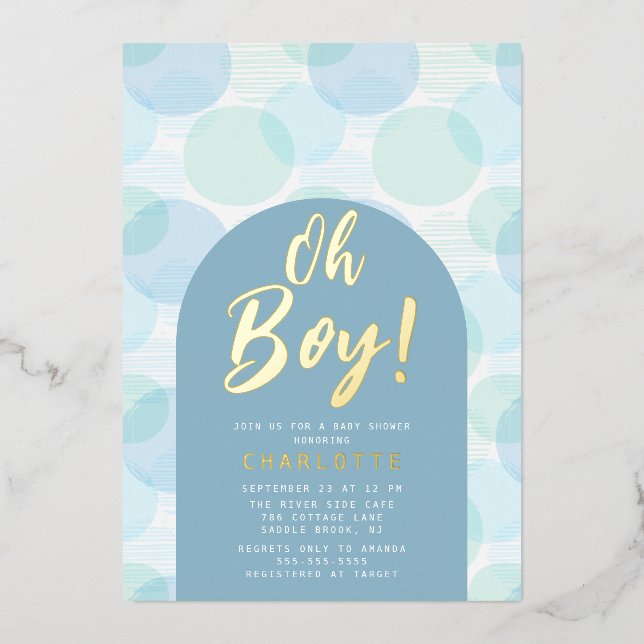 Oh Boy Polka Dots Baby Dusche Folieneinladung (Vorderseite)