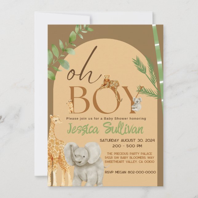 Oh Boy Safari Animal Earth Tone Baby Shower Einladung (Vorderseite)
