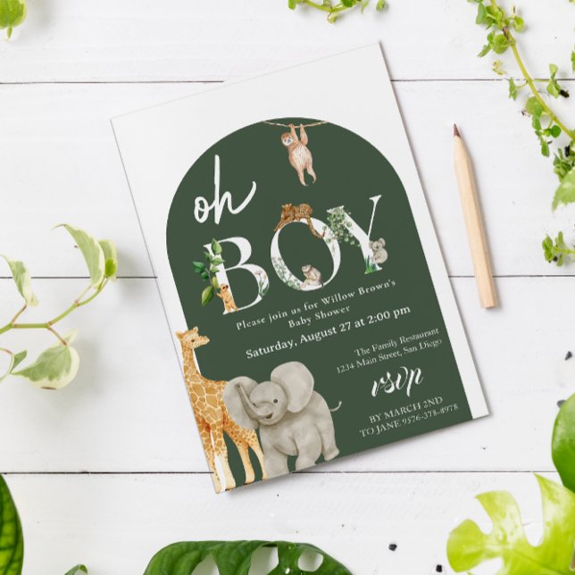 Oh Boy Safari Animal Jungle Greenery Baby Shower Einladung (Oh Boy Wild Safari animal card)