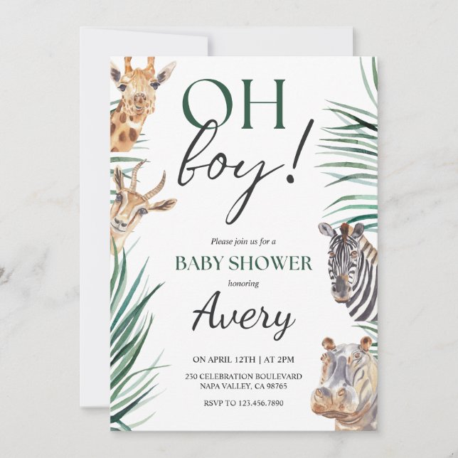 Oh Boy Safari Animals Baby Shower Einladung (Vorderseite)