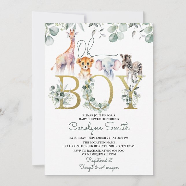 Oh Boy Safari Animals Greenerity Baby Shower Einladung (Vorderseite)