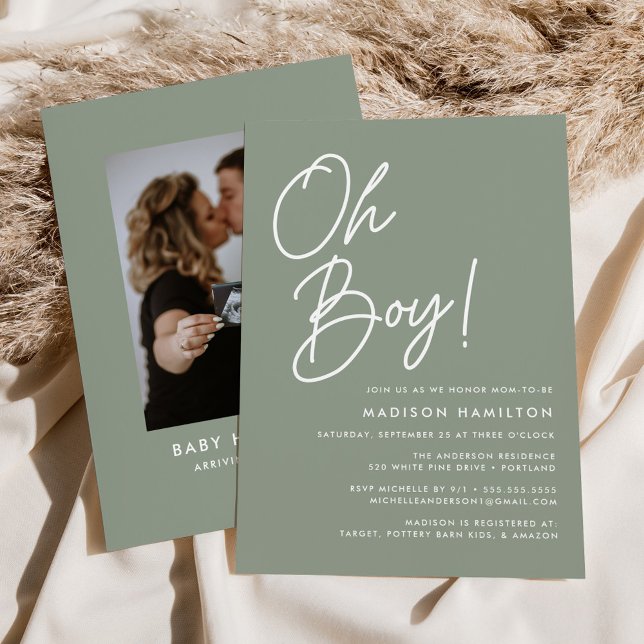 Oh Boy Script Sage Green Foto Baby Dusche Einladung (Von Creator hochgeladen)