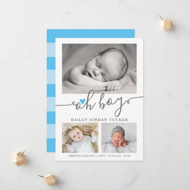 Oh Boy Script Sky Blue Heart Foto Collage Birth Ankündigung (Vorderseite/Rückseite Beispiel)