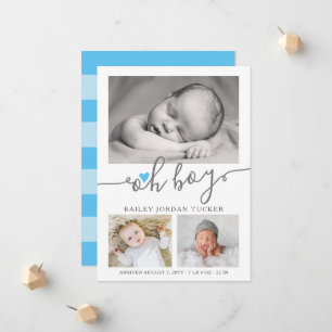 Oh Boy Script Sky Blue Heart Foto Collage Birth Ankündigung