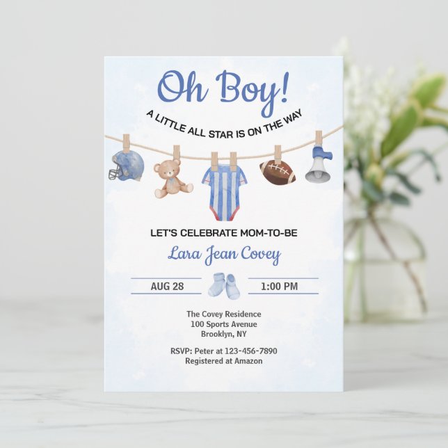 Oh Boy Sports Baby Shower Einladung (Stehend Vorderseite)