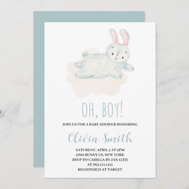 Oh, Boy Sweet Bunny Watercolor Baby Dusche Einladung (Vorne/Hinten)