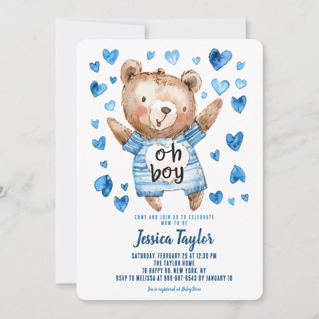 Oh Boy Teddy Bear Blue Hearts Boy Baby Dusche Einladung (Vorderseite)