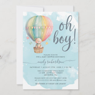 Oh Boy Teddy Bear Blue Heißluftballon Babydusche Einladung