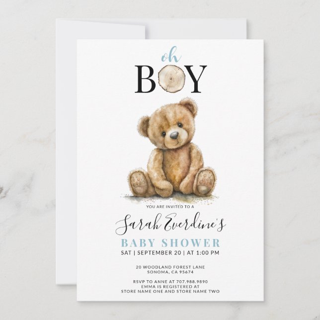 Oh Boy Teddy Bear Watercolor Babydusche Einladung (Vorderseite)