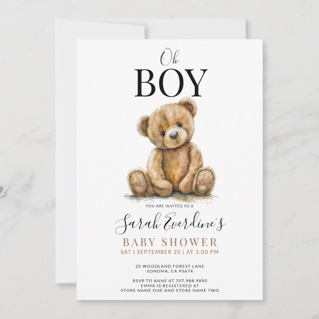 Oh Boy Teddy Bear Watercolor Babydusche Einladung (Vorderseite)