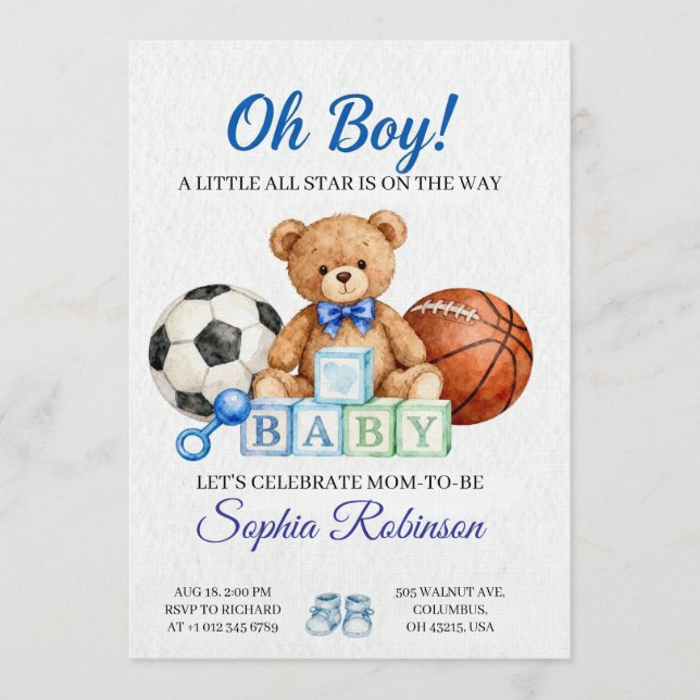  "Oh Boy" Watercolor  Baby Shower Invitation Einladung (Vorderseite)