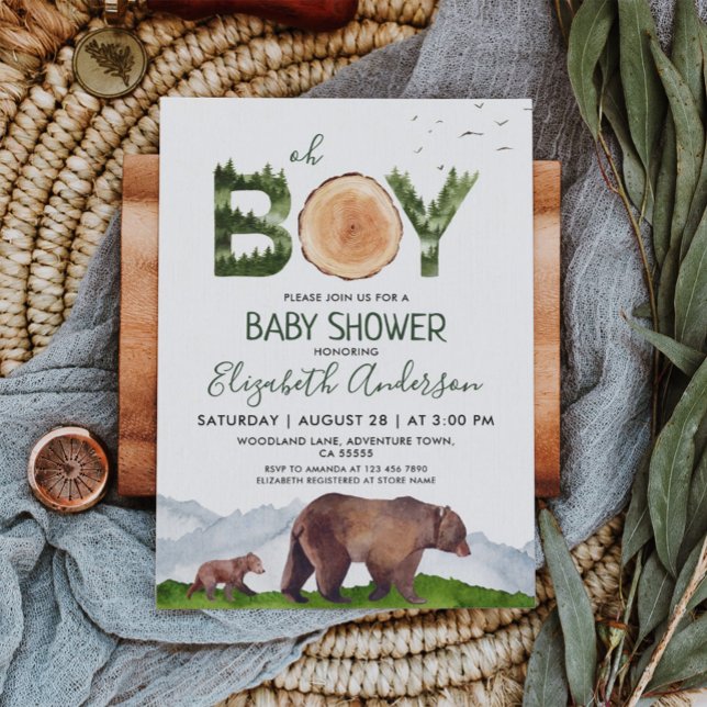 Oh Boy Watercolor Woodland Bear Baby Dusche Einladung (Von Creator hochgeladen)