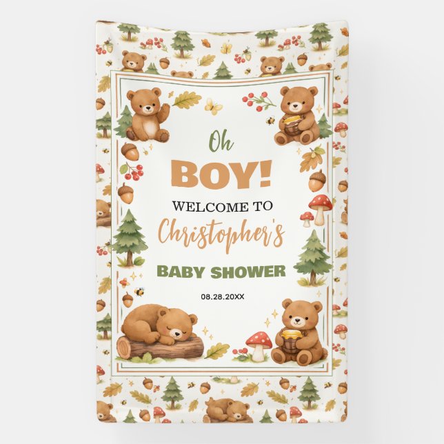 Oh Boy Watercolor Woodland Bear Baby Shower Banner (Vertikal)