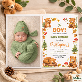 Oh Boy Watercolor Woodland Bear Baby Shower Einladung