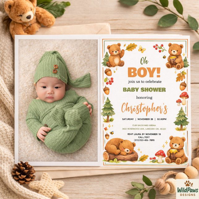 Oh Boy Watercolor Woodland Bear Baby Shower Einladung (Oh Boy Watercolor Woodland Bear Baby Shower Invitation)