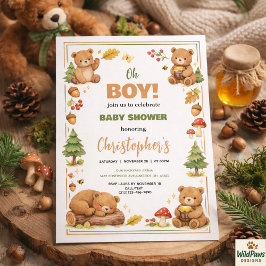 Oh Boy Watercolor Woodland Bear Baby Shower Einladung