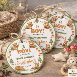Oh Boy Watercolor Woodland Bear Baby Shower Geschenkanhänger