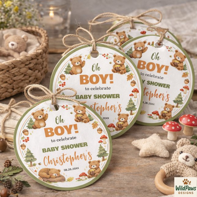 Oh Boy Watercolor Woodland Bear Baby Shower Geschenkanhänger (Oh Boy Watercolor Woodland Bear Baby Shower Favor Tags)