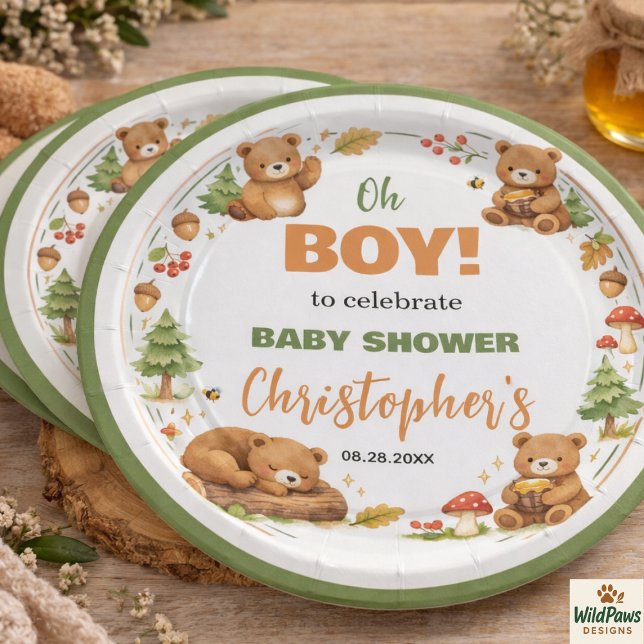 Oh Boy Watercolor Woodland Bear Baby Shower Pappteller (Oh Boy Watercolor Woodland Bear Baby Shower Paper Plates
)