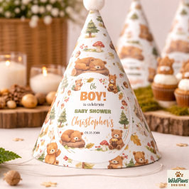 Oh Boy Watercolor Woodland Bear Baby Shower Partyhütchen